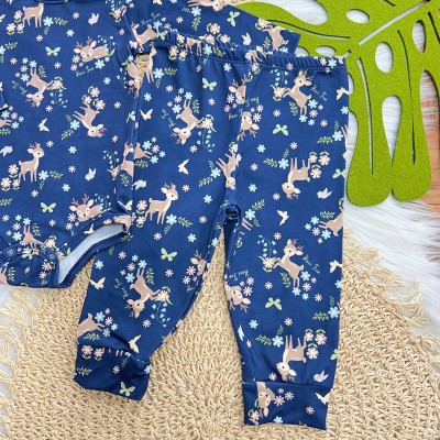 Conj. Body Manga Longa e Calça em Malha Térmica Rena com Flores - Azul Marinho